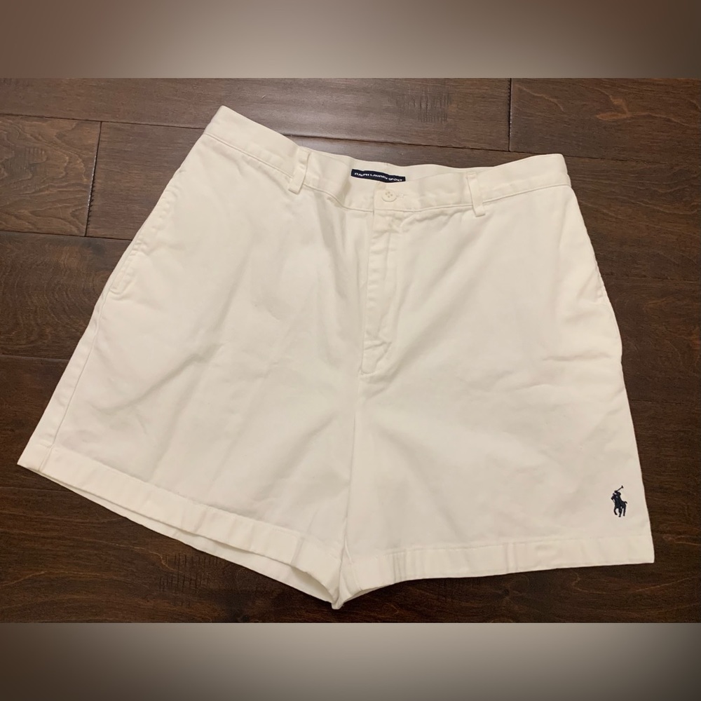 Women’s Ralph Lauren Sport White/ Blue Logo 100% Cotton Chino Shorts- Size 12.